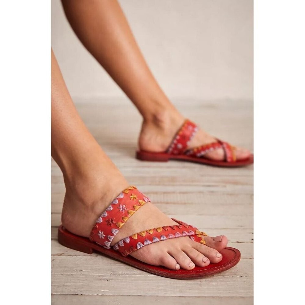 Free People Bella Caia Crochet Leather Sandals in Tiger Lily Red NIB